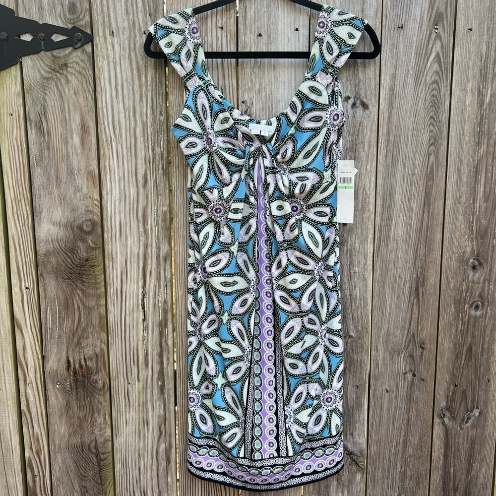 LONDON TIMES Blue Purple Floral Shift Dress Womens 8 Sleeveless Colorful NWT